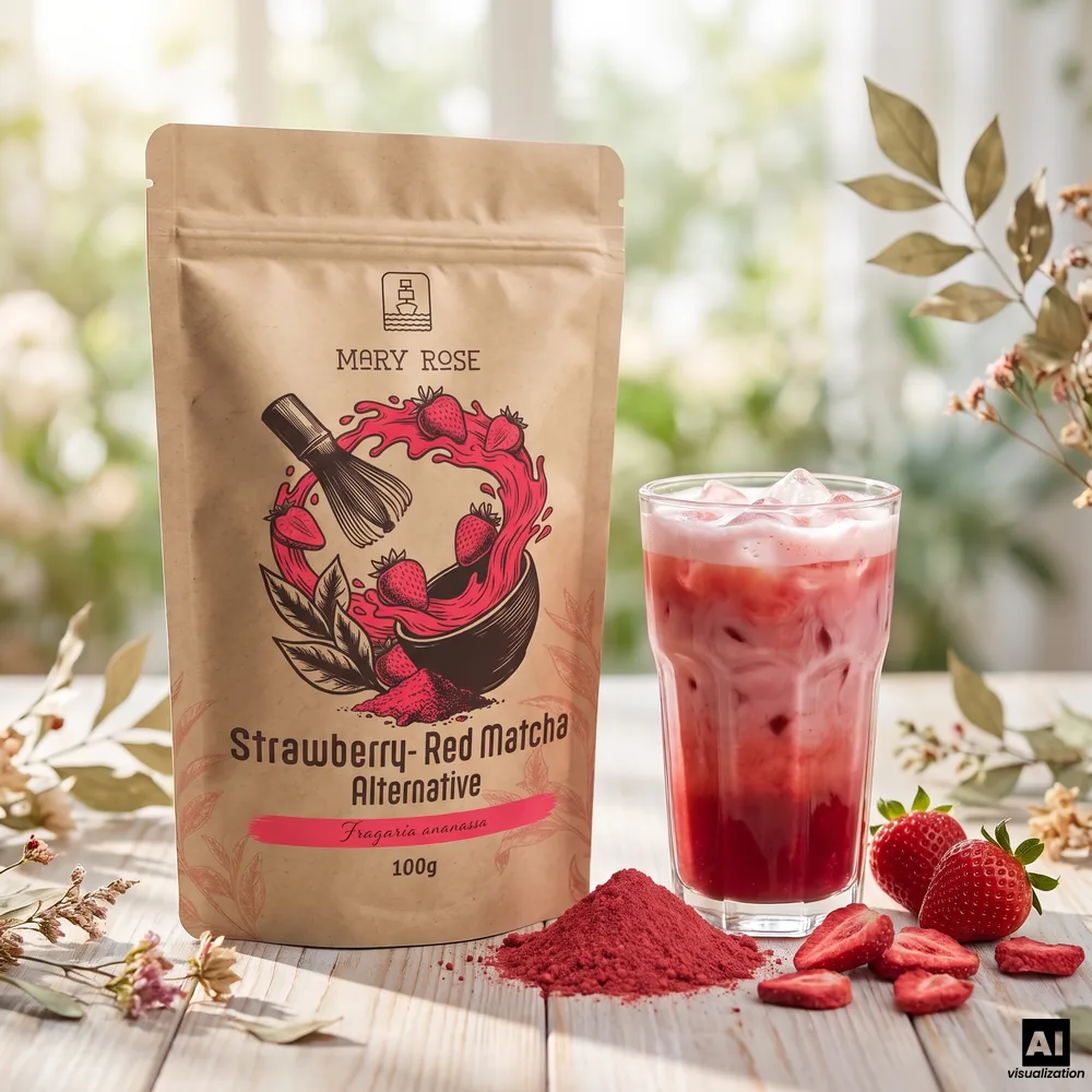 „Mary Rose“ roter Matcha aus gefriergetrockneten Erdbeeren, daneben ein roter Erdbeer-Latte mit Eis, Pulver und frischen Erdbeeren.