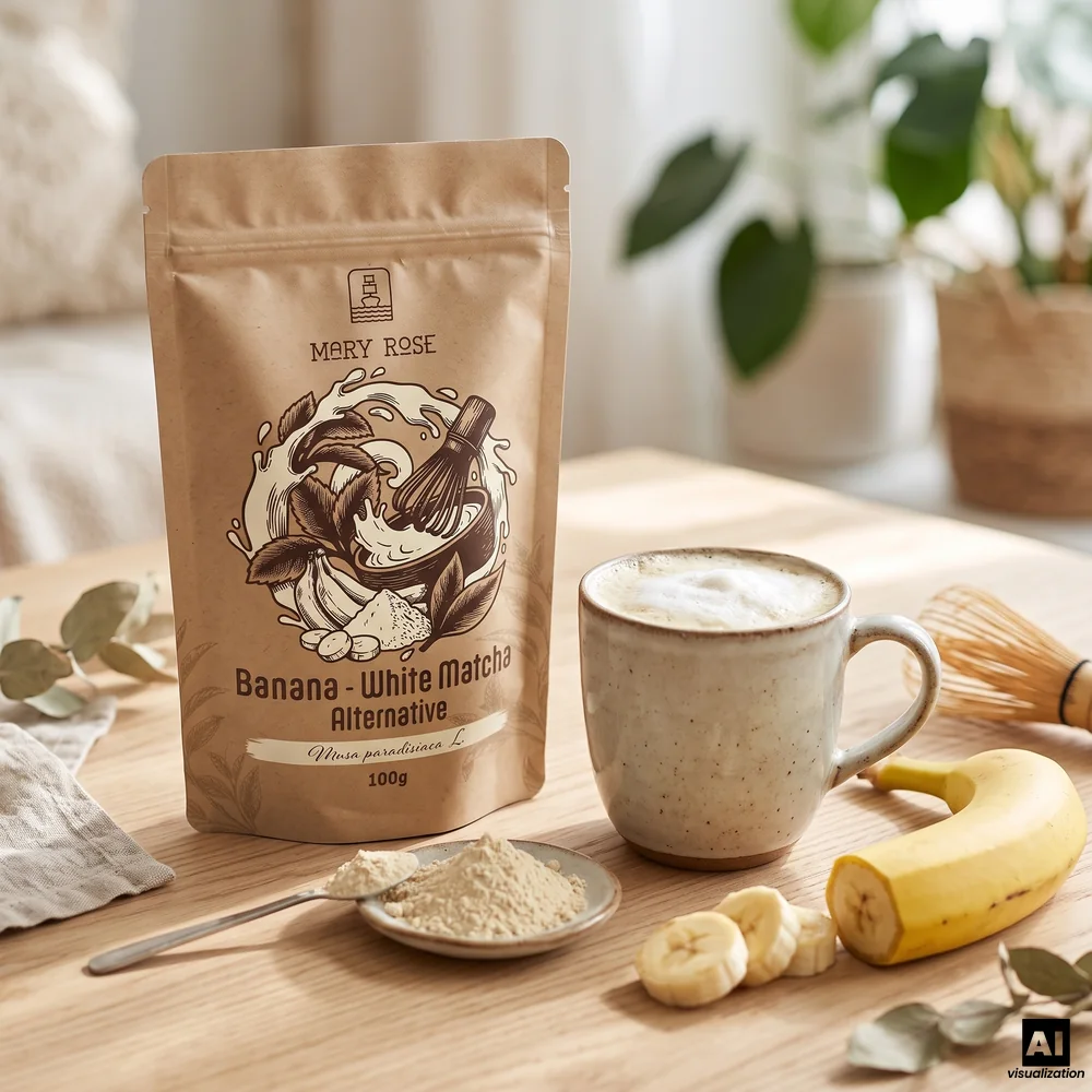 Mary Rose White Matcha: gefriergetrocknetes Bananenpulver, daneben eine Tasse cremiger Bananen-Latte, ein Chasen-Schneebesen und eine Banane.