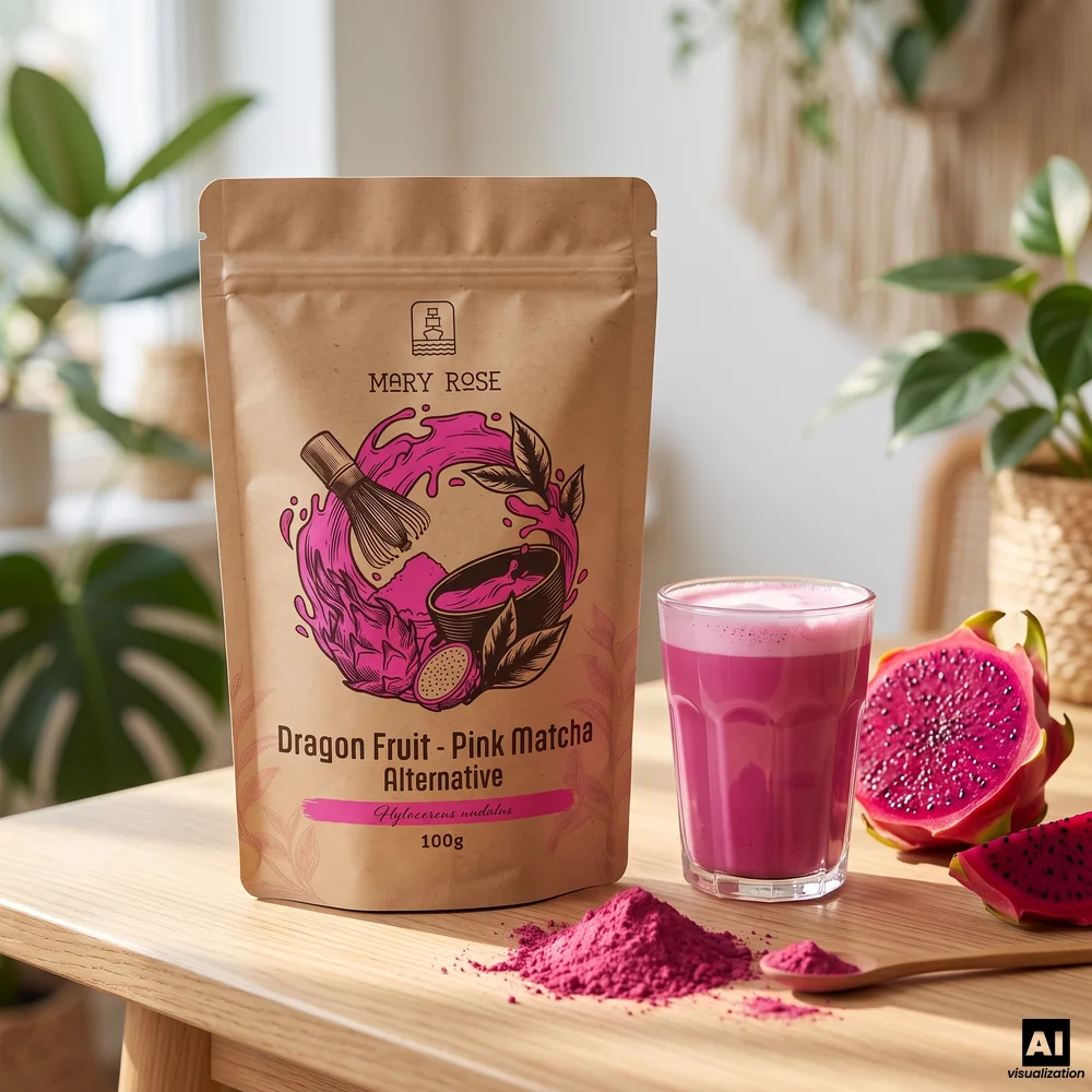 „Mary Rose“-Pink-Matcha aus gefriergetrockneter Drachenfrucht, daneben ein Pink Latte, Pulver und eine halbierte rote Pitaya.