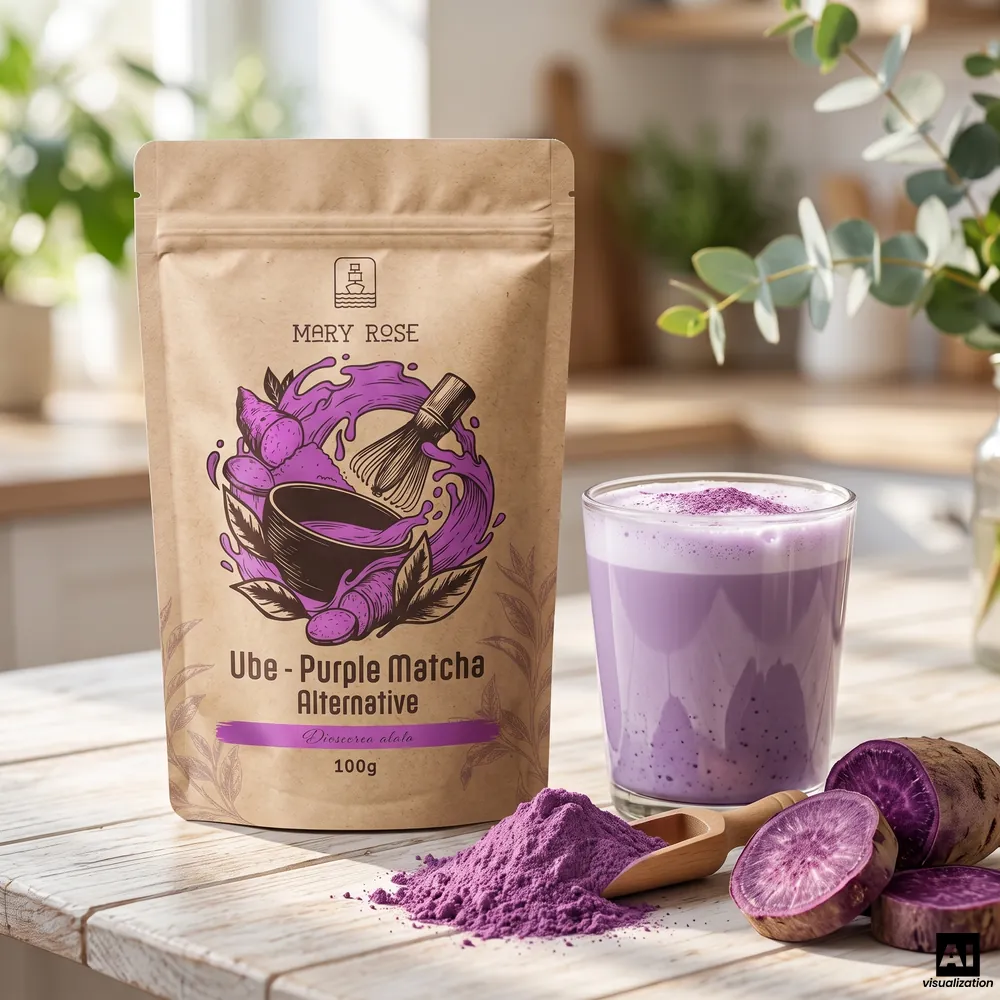 Mary Rose Purple Matcha: Ube-Pulver, daneben ein lila Ube-Latte, Pulver auf einem Holzlöffel und Scheiben der lila Knolle.