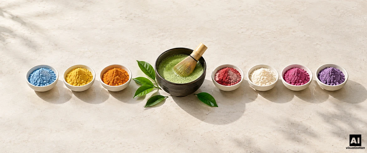 Klassischer grüner Matcha in einer Schale mit einem Chasen-Besen, daneben bunter Matcha in sieben kleinen Schälchen mit Pulver.