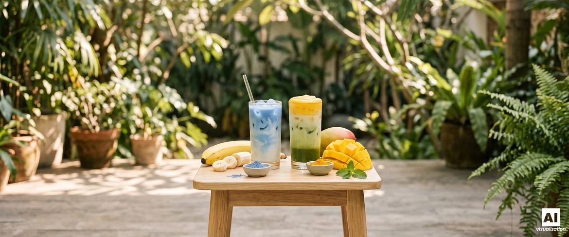 Blauer Matcha mit Banane und ein geschichteter Mango-Matcha-Latte mit gelbem Schaum, daneben eine frische Banane und Mangowürfel.