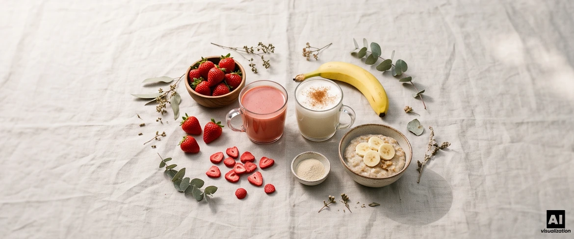 Roter Matcha in einer Tasse als Erdbeer-Latte und ein Bananen-Latte mit Zimt, daneben Erdbeeren, eine Banane und Haferbrei.