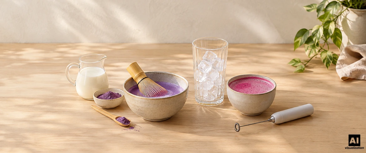 Zubereitung von buntem Matcha: lila Ube in einer Schale mit einem Chasen-Besen, ein rosa Getränk, Milch, Eis und ein elektrischer Milchaufschäumer.