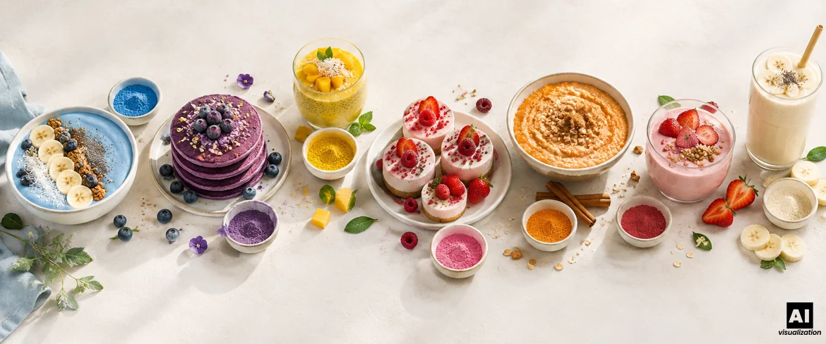 Bunte Pulver in der Küche: eine blaue Smoothie-Bowl, lila Ube-Pfannkuchen, Mangopudding und rosa Mini-Käsekuchen.