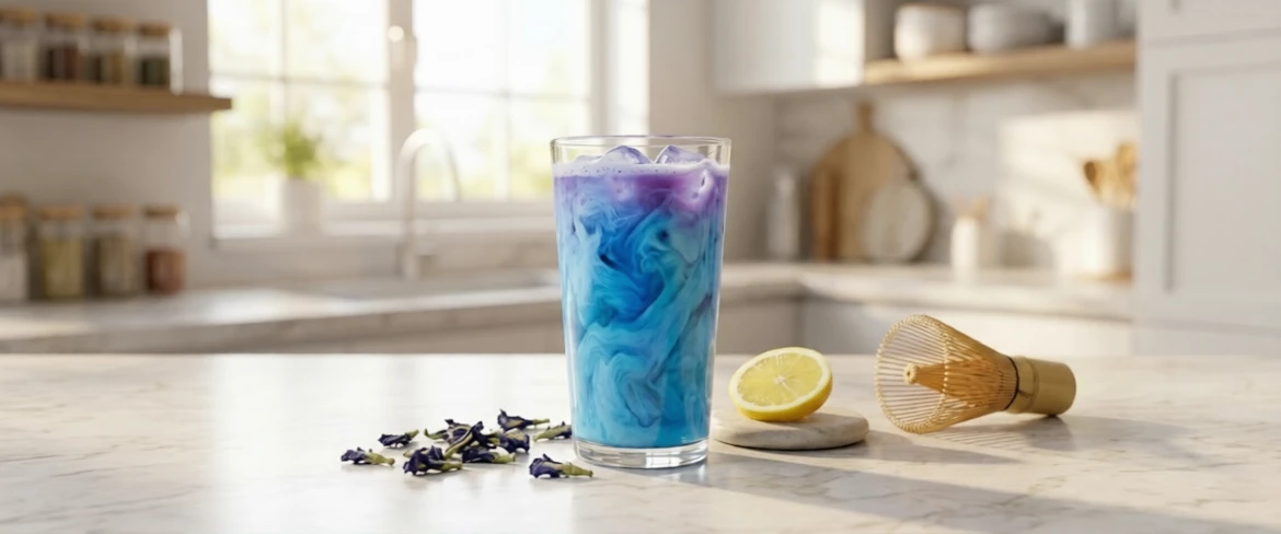 Was ist blauer Matcha und wie sieht er aus? Blauer Matcha aus Clitoria ternatea, serviert mit Zitrone