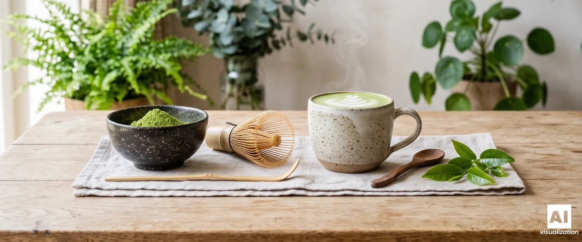 Matcha Latte mit Milch in einer Keramiktasse, eine Schale mit Matcha-Pulver und ein Bambusbesen.