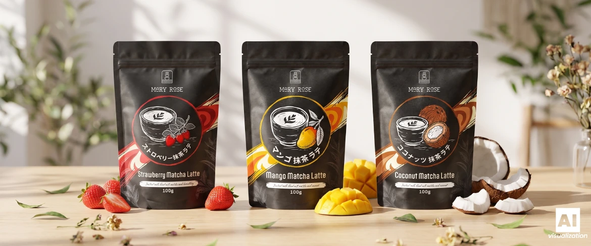 Erdbeer-, Mango- und Kokos-Matcha-Latte-Packungen von Mary Rose auf einem Holztisch.