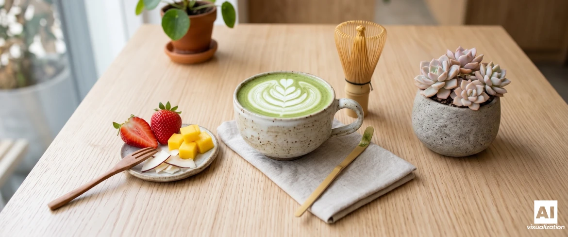 Ein Matcha Latte mit Milch, ein Bambusbesen sowie Erdbeeren, Mango und Kokosnuss auf einem Tisch.