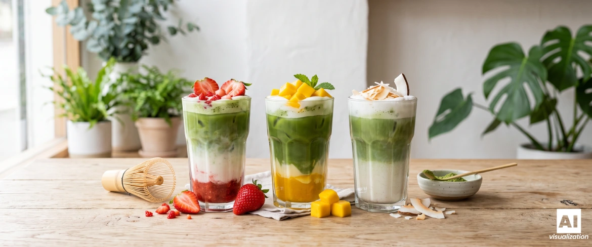 Bunte, mehrschichtige Matcha-Lattes mit Erdbeere, Mango und Kokosnuss in Gläsern.