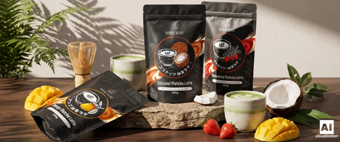 Matcha-Latte-Produkte von Mary Rose in drei Geschmacksrichtungen, mit einem Getränk, Obst und einem Bambusbesen.