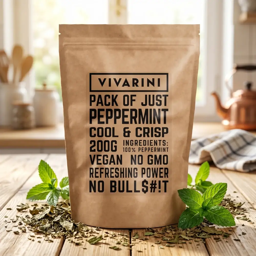 Getrocknete Pfefferminze der Marke Vivarini in einer umweltfreundlichen Papierverpackung mit darin verstreuten zerkleinerten Blättern