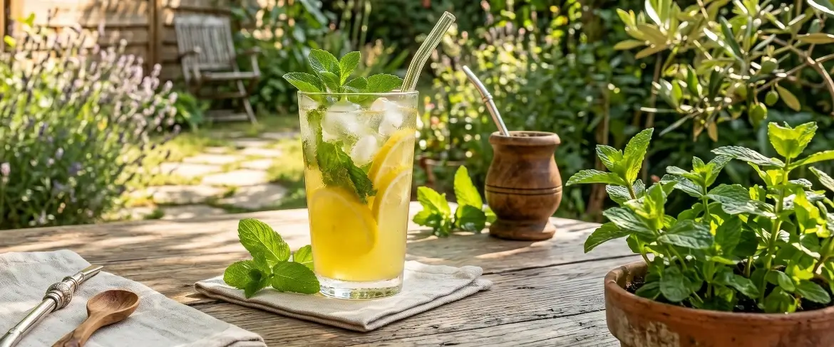 Erfrischende kalte Limonade mit Eis neben einem traditionellen Mate-Becher – was man im Sommer mit Minze machen kann