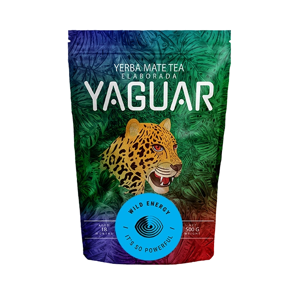Kräftige argentinische Yerba Mate „Yaguar Wild Energy“ im Doypack.