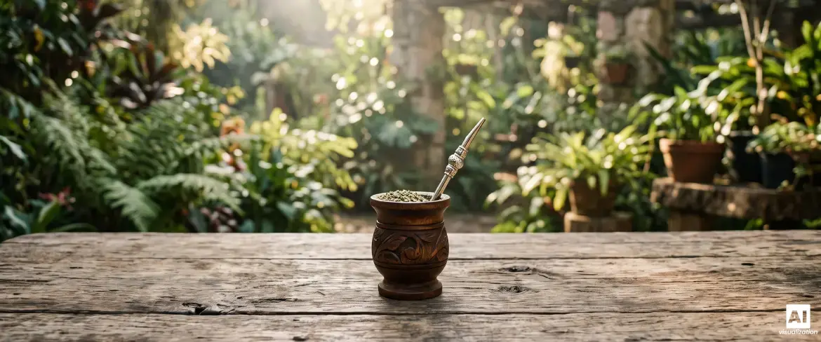 Holz-Mate-Kalebasse mit kräftiger Yerba Mate und einer Bombilla vor grünem Laub.