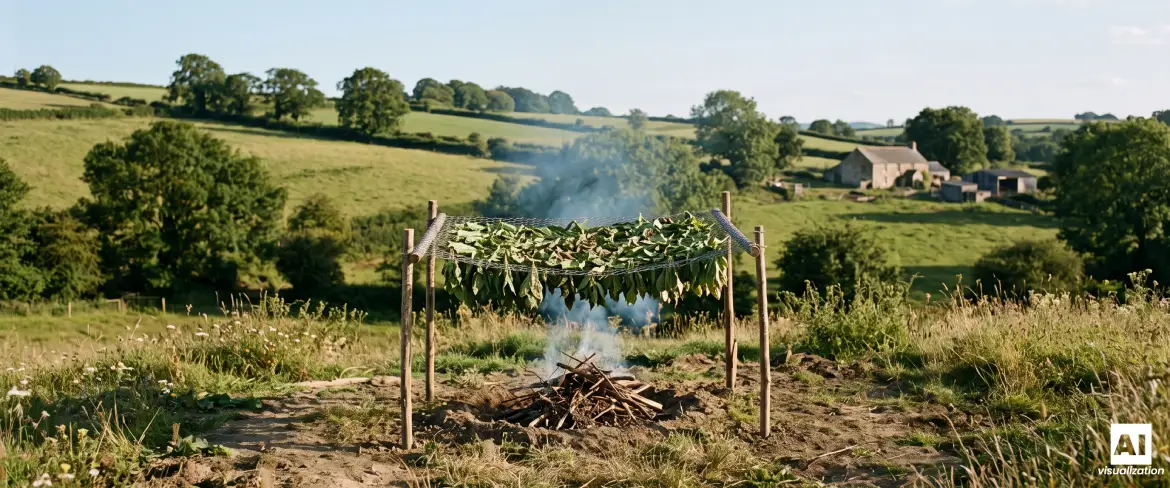 Das Trocknen von Yerba-Mate-Blättern über dem Feuer nach der Barbacuá-Methode auf dem Land.
