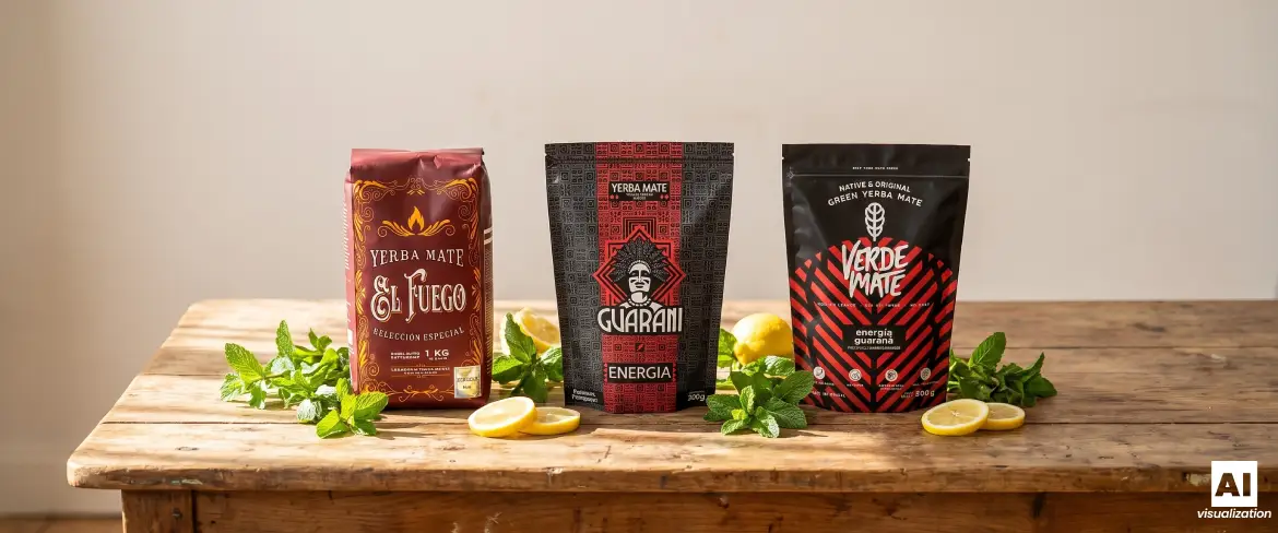 Drei Sorten kräftiger Yerba Mate mit Guarana und rauchgetrockneten Blättern auf einem Holztisch.