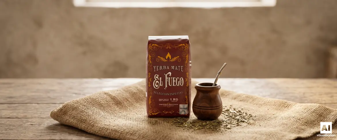 „El Fuego Elaborada“ 1 kg und eine Mate-Schale mit Yerba Mate auf traditionellem Jutetuch.
