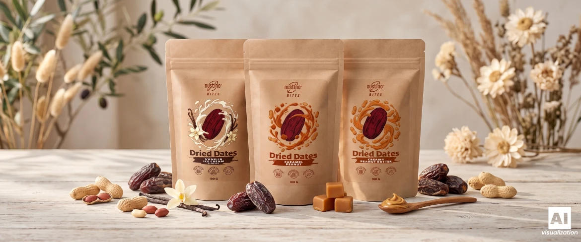 Drei Nustino Bites-Doypacks mit aromatisierten Datteln, Nüssen und getrockneten Datteln.