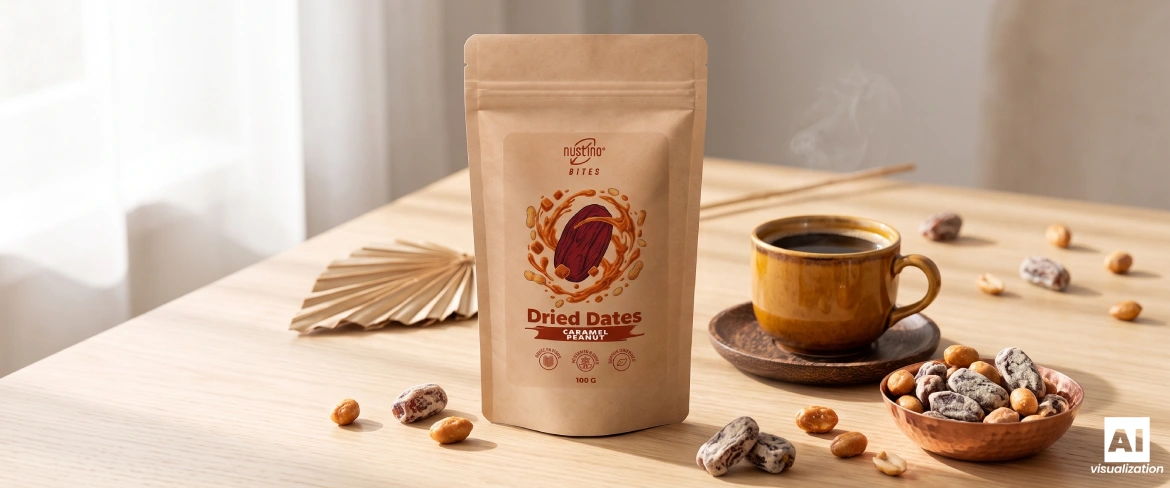 Eine Doypack-Packung „Nustino Bites Caramel Peanut“ neben einer Tasse Kaffee und einem nussigen Snack.