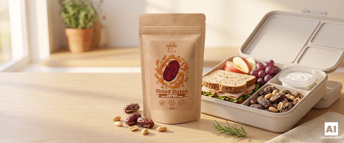Ein Doypack „Nustino Bites Creamy Peanut Butter“ neben einer Brotdose, einem Sandwich, Weintrauben und Nüssen.