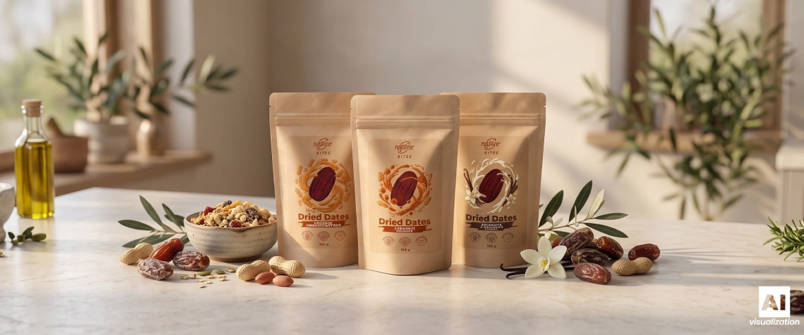 Drei Nustino Bites-Doypacks zwischen Datteln, Nüssen und pflanzlichen Zutaten.