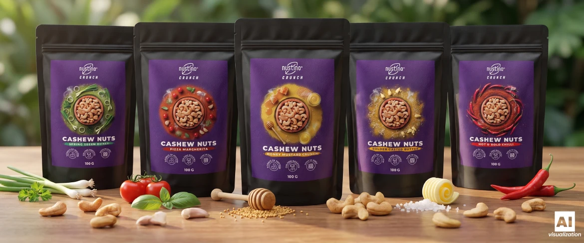 Fünf Packungen „Nustino Crunch“ – geröstete Cashewnüsse mit Geschmackszusätzen.