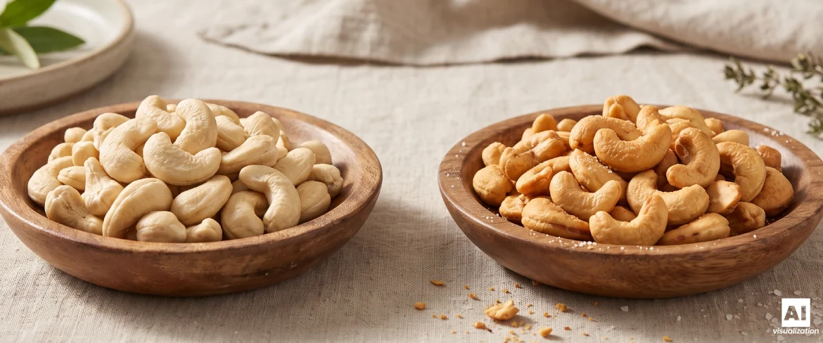 Naturbelassene und geröstete Cashewnüsse in Holzschalen.