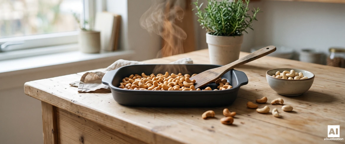Geröstete Cashewnüsse auf einem Backblech, die während der Wärmebehandlung mit einem Holzspatel umgerührt werden.