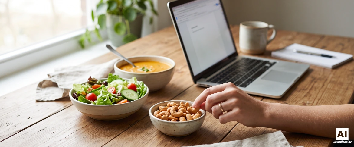 Geröstete Cashewnüsse in einer Schüssel neben einem Salat, einer Suppe und einem Laptop.