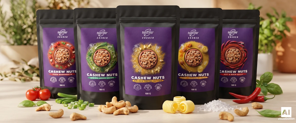 Fünf Geschmacksrichtungen der gerösteten Cashewnüsse „Nustino Crunch“.