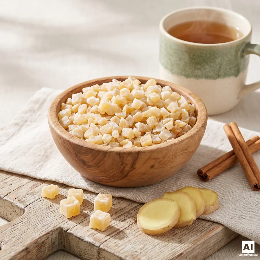 Eine Holzschale mit kandierten Ingwerstückchen neben einer Tasse Tee, Zimt und frischen Ingwerscheiben.