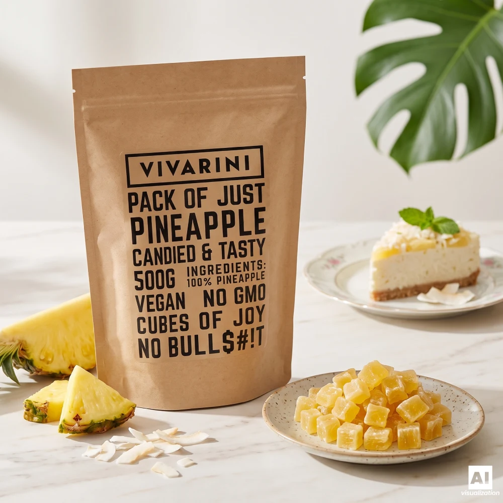 Ein Doypack mit kandierten Ananasstücken von Vivarini neben einem Kokos-Käsekuchen und frischen Ananasscheiben auf einer Arbeitsplatte.