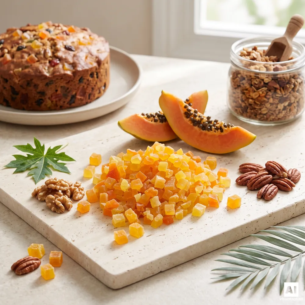 Stückchen kandierter Papaya neben einem Obstkuchen, einem Glas hausgemachtem Müsli, Nüssen und frischer, reifer Papaya.