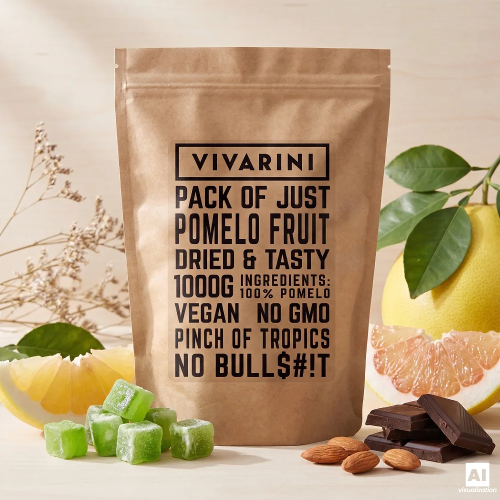Eine Packung kandierte Pomelos von Vivarini neben frischen Zitrusfrüchten, dunkler Schokolade und Mandeln.