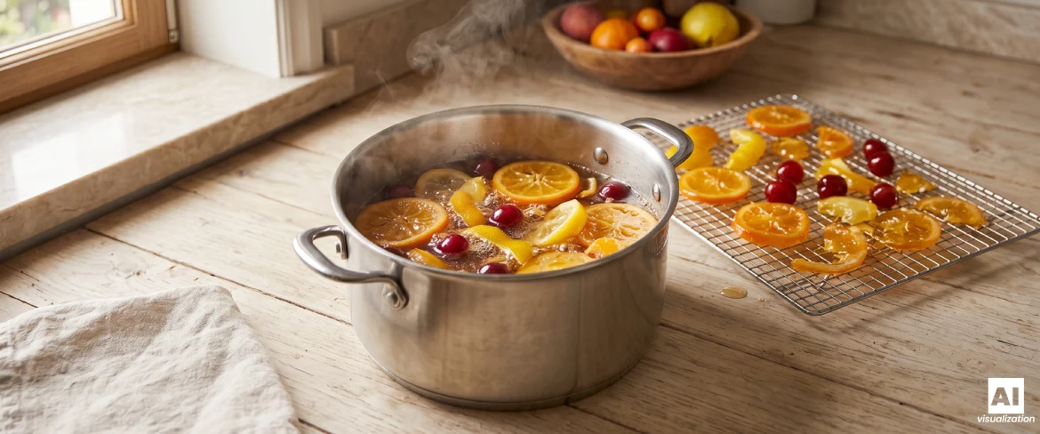 Orangen und Preiselbeeren, die beim Kandieren von Obst in Zuckersirup gekocht werden, während daneben Obst auf einem Gitterrost trocknet.