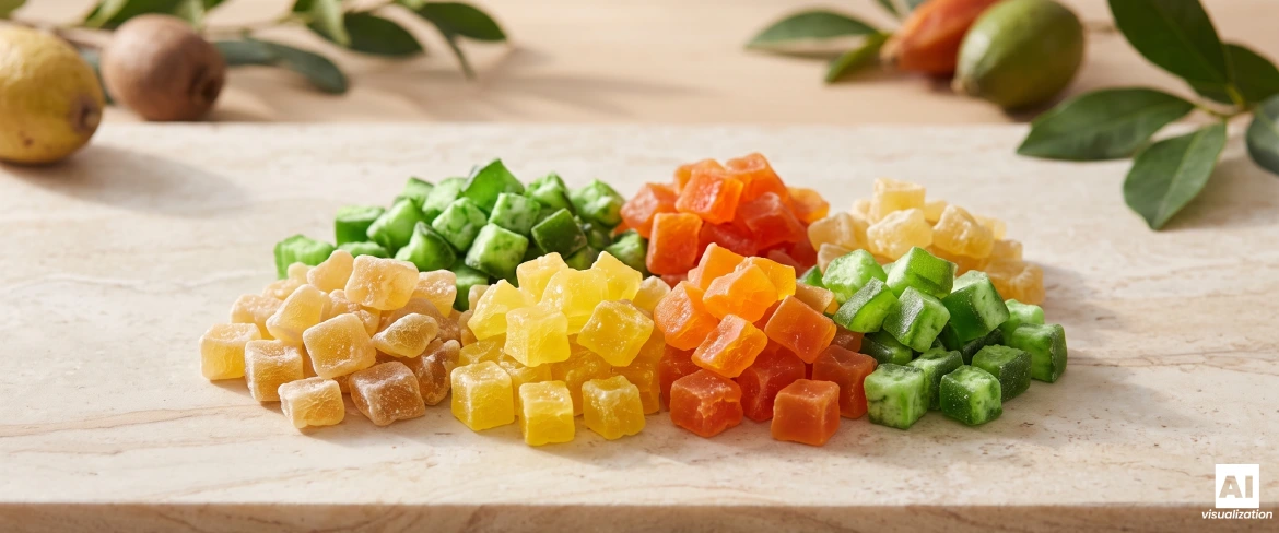 Bunte Würfel aus kandierten Früchten – Ananas, Papaya und Pomelo – auf einer hellen Küchenarbeitsplatte aus Stein angeordnet.