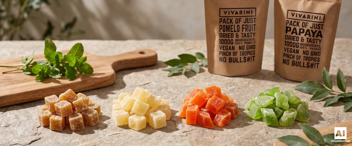 Würfel aus kandierten Früchten neben Doypacks mit kandierten Pomelos und kandierten Papayas der Marke Vivarini auf einer Arbeitsplatte aus Stein.