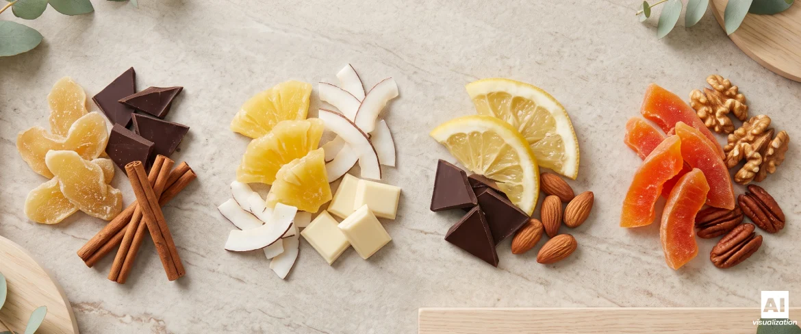 Empfohlene Geschmackskombinationen von kandierten Früchten mit Schokolade, Nüssen, Kokos und wärmenden Gewürzen.