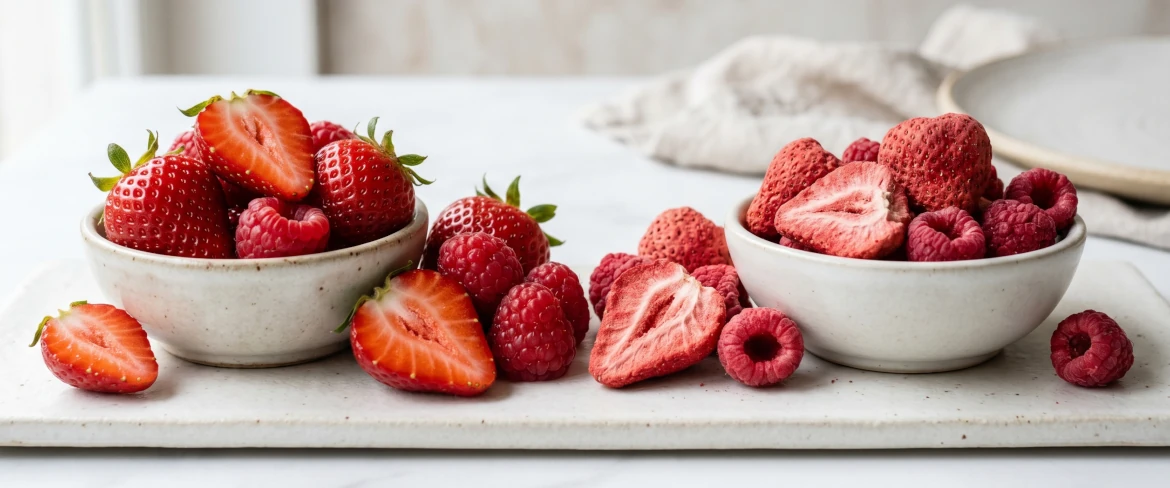Gefriergetrocknete Erdbeeren und gefriergetrocknete Himbeeren im Vergleich zu frischem Obst