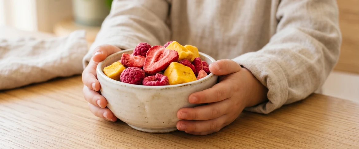 Gefriergetrocknete Früchte für Kinder – ein gesunder Snack in der Schüssel