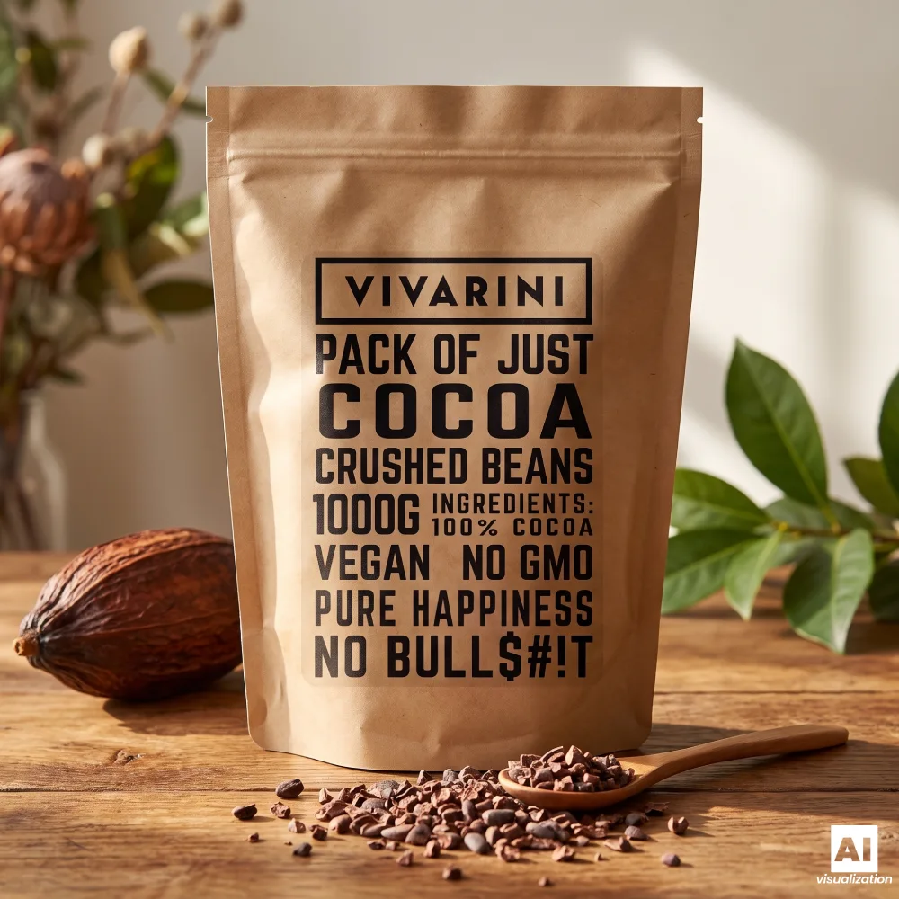 Vivarini zerkleinerte Kakaobohnen in einer Packung mit verstreuten Kakaonibs.