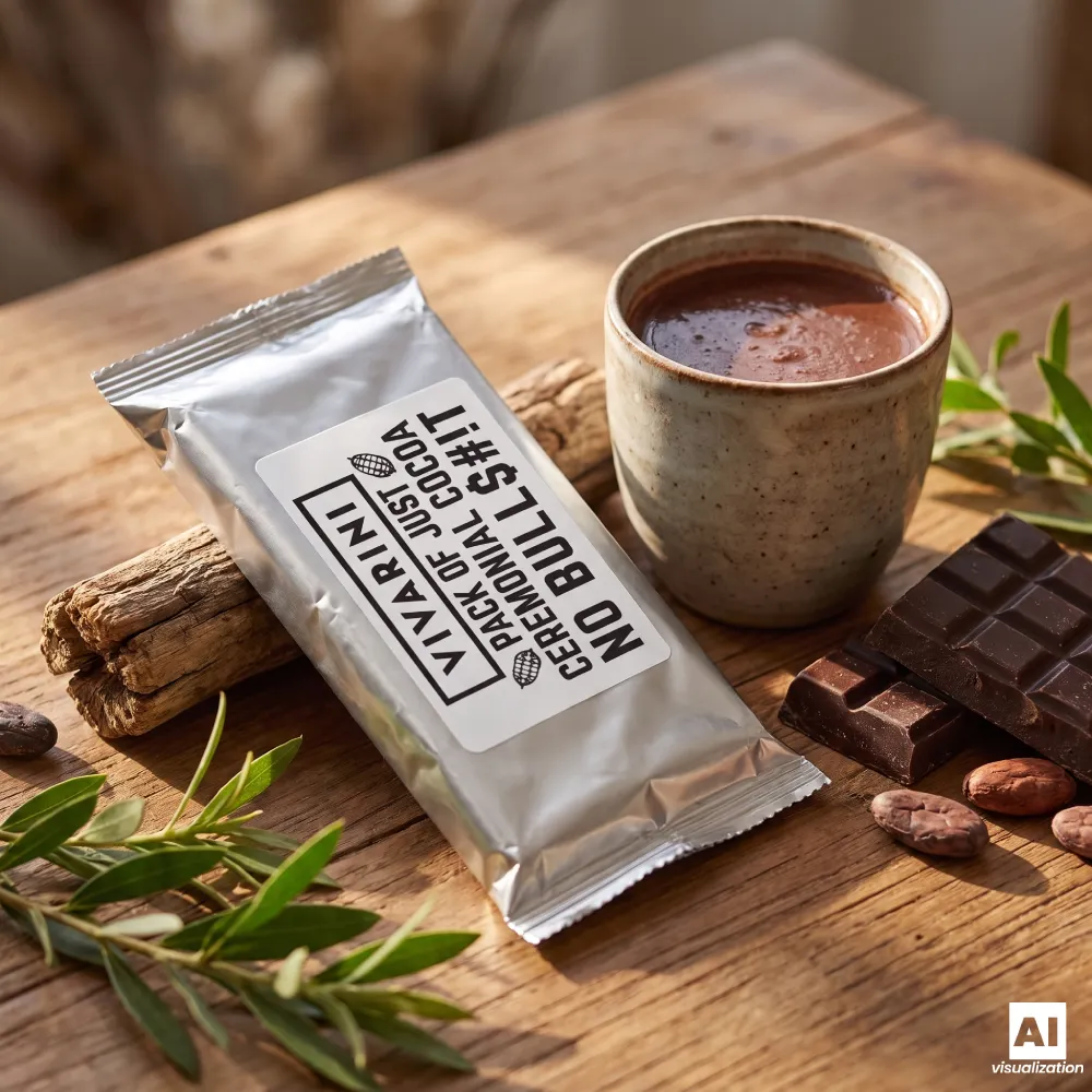 Vivarini Criollo Zeremonienkakao in silberner Verpackung neben einer Tasse Kakao.