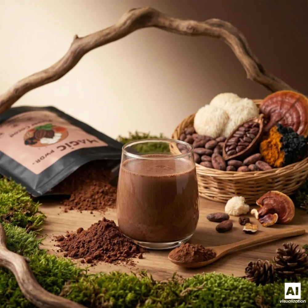 „Magic Pwdr Power Cocoa“, also Kakao mit Pilzextrakten, neben einer Tasse warmem Kakaogetränk.