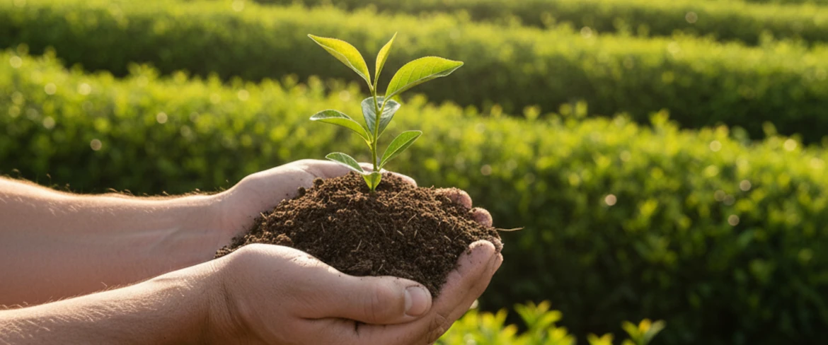 Anbau von Bio-Produkten und Bio-Lebensmitteln – natürliche Mate Tee- und Teeplantagen im Sonnenlicht