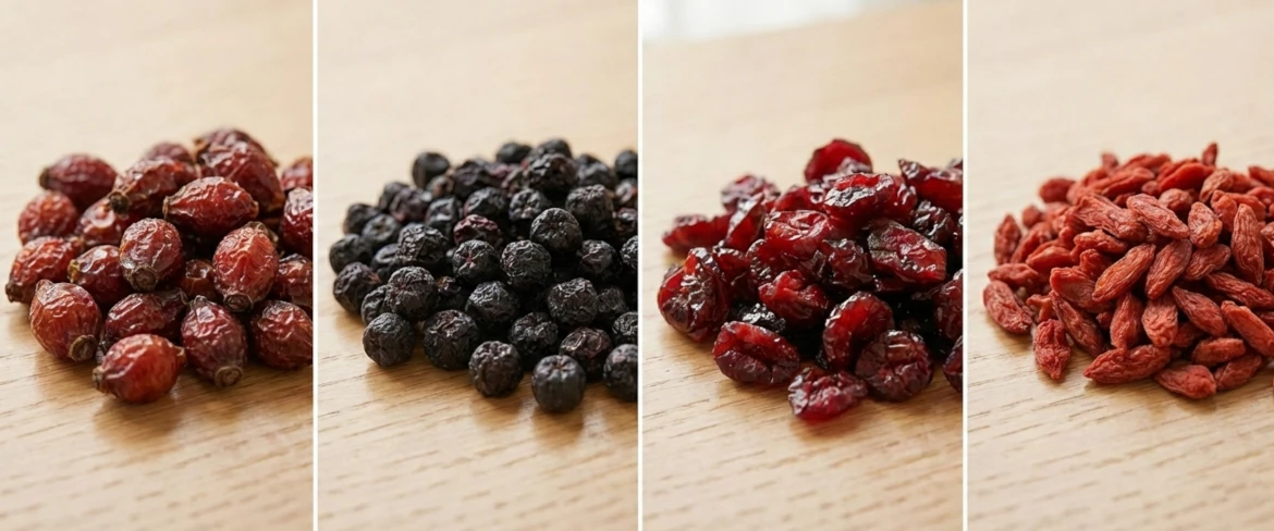 Trockenfrüchte – Eigenschaften: Aronia, getrocknete Hagebutten und getrocknete Cranberries