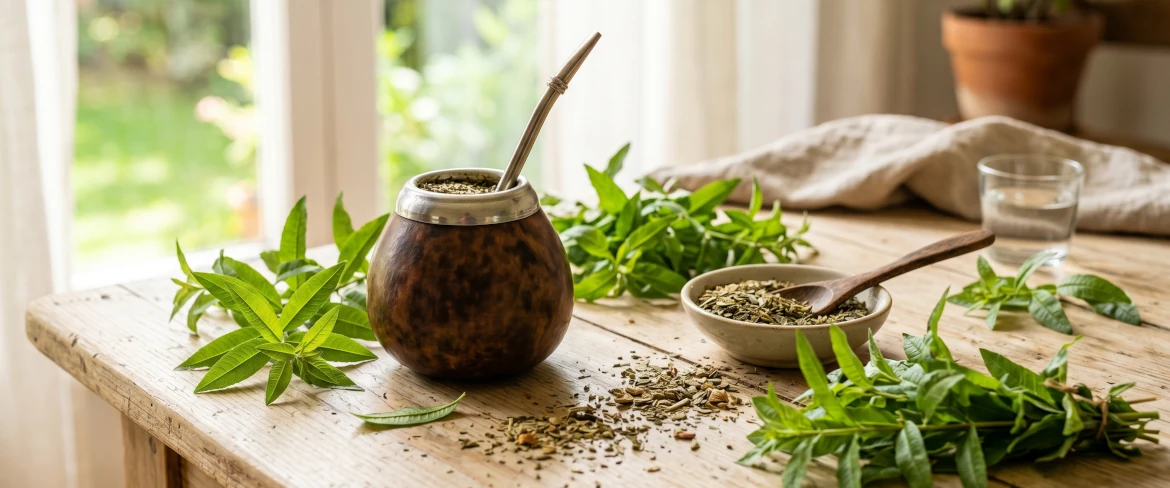 Ein Mate-Becher, umgeben von Kräutern. Entdecken Sie, zu welchen Gerichten Zitronenverbene passt.