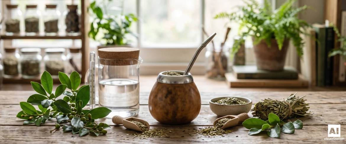 Ein Mate-Kürbis mit Yerba Mate, Yerba-Mate-Blättern, getrockneter Yerba Mate, Wasser und einem Thermometer zum Aufbrühen.