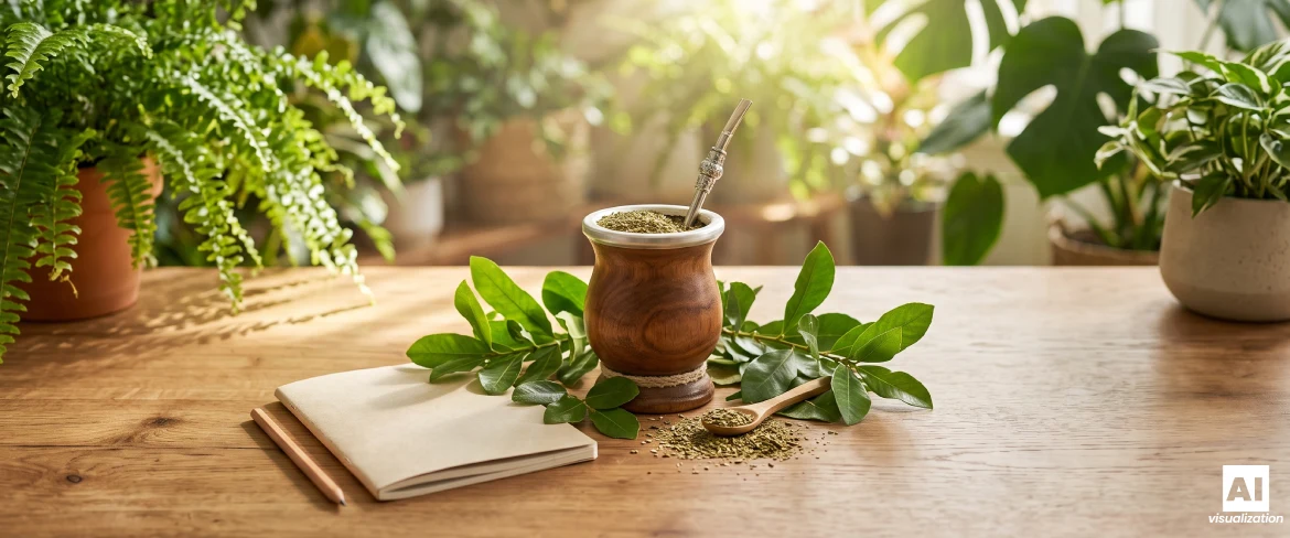 Yerba Mate in einem hölzernen Mate-Becher mit Yerba-Mate-Blättern und einem Notizbuch auf einem Tisch.