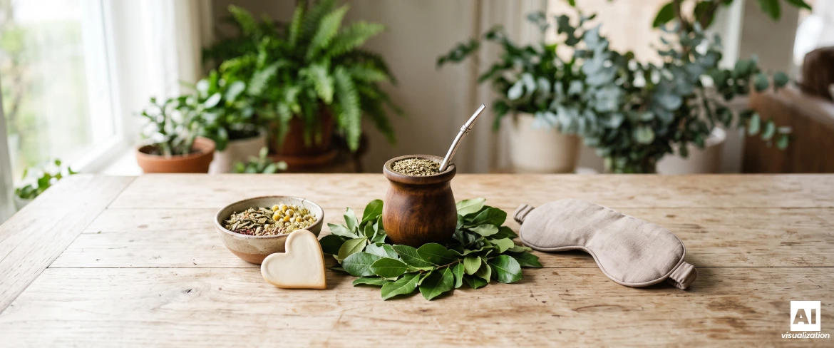 Yerba Mate in einem Mate-Kalk, umgeben von Blättern, Kräutern und einer Schlafmaske.